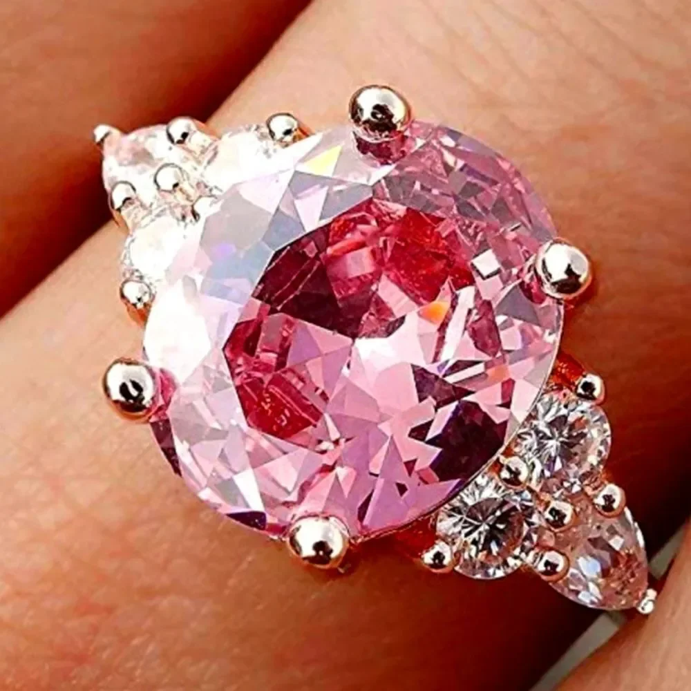 Pink Sapphire & White Baguette  Diamond Coctail Ring on 925 Silver